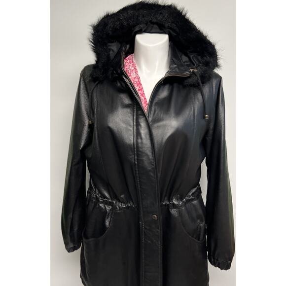 Vintage 90s Y2k Black Soft Leather Coat Cinched Waist Mid Length Sz 16 Faux Fur - Picture 2 of 16
